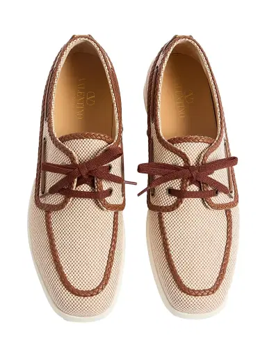 Valentino Garavani Men's Palm Avenue Canvas and Nappa Boat Shoes - Beige | Thumbnail 4 Valentino Garavani Men's Palm Avenue Canvas and Nappa Boat Shoes - Beige | Thumbnail 4