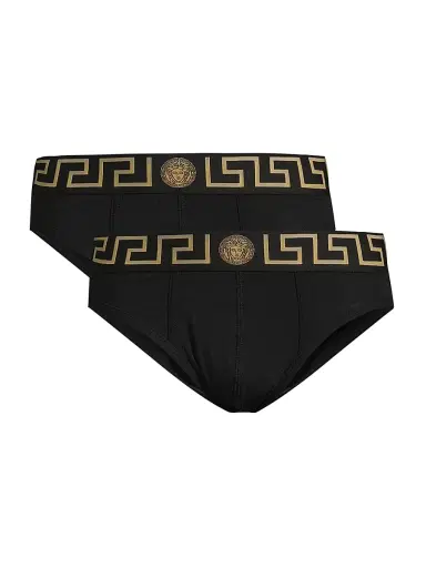 Versace Men's Logo Band Briefs 2-Pack - Black Gold Greek - Size XS | Thumbnail 1 Versace Men's Logo Band Briefs 2-Pack - Black Gold Greek - Size XS | Thumbnail 1