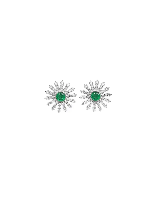 2.59ct Diamond Emerald 18K Gold Sunburst Earrings