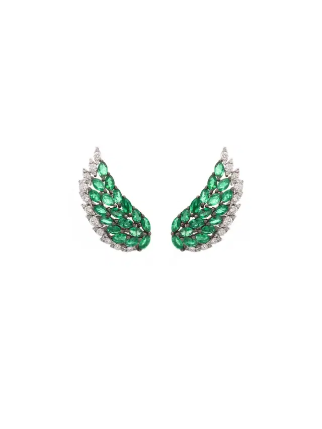 2.60ct Diamond Emerald 18K Gold Wing Climber Earrings