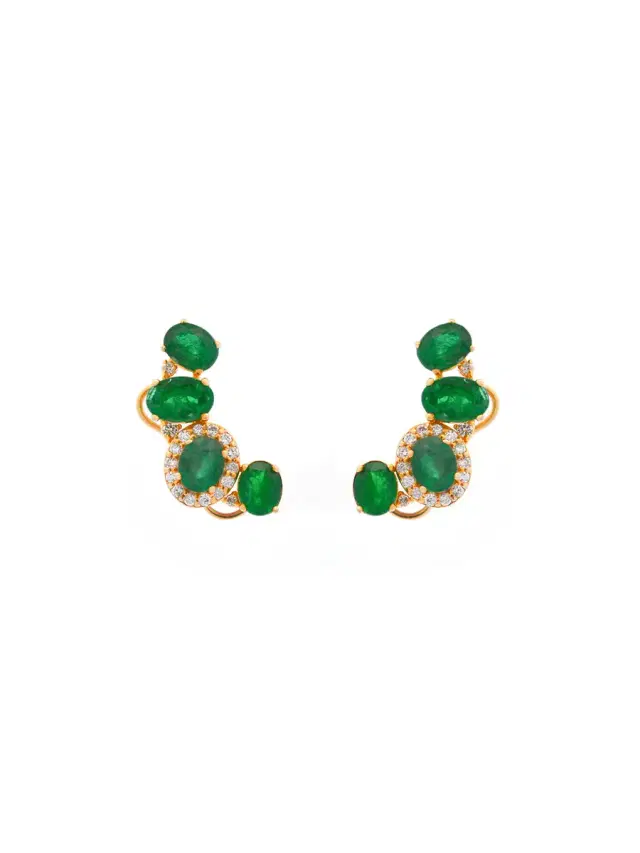 2.92ct Diamond Emerald 14K Gold Ear Climber Earrings