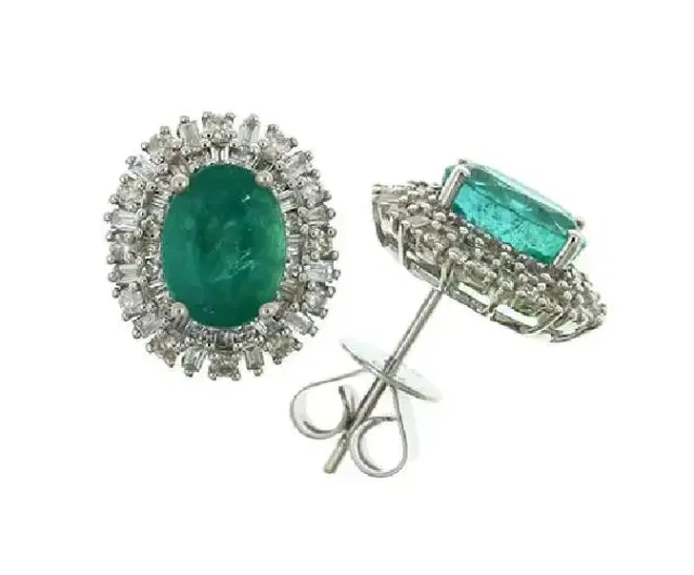 2.96ct Diamond Emerald 18K Gold Round Halo Stud Earrings
