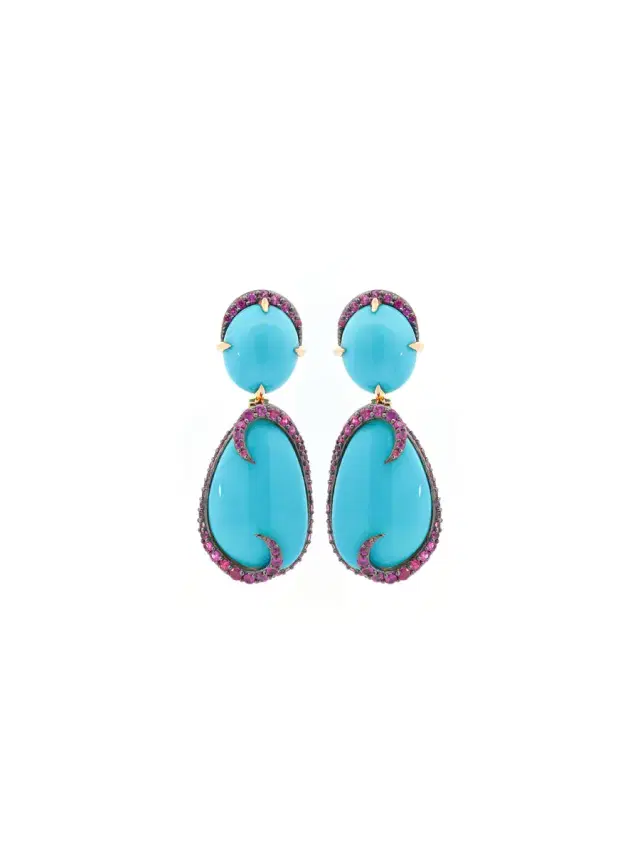 22.59ct Turquoise Ruby 18K Gold Drop Earrings