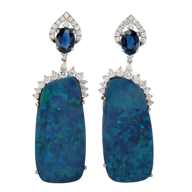 Wish Fine Jewelry 23.14ct Opal Blue Sapphire Diamond Dangle 18K Gold Earrings