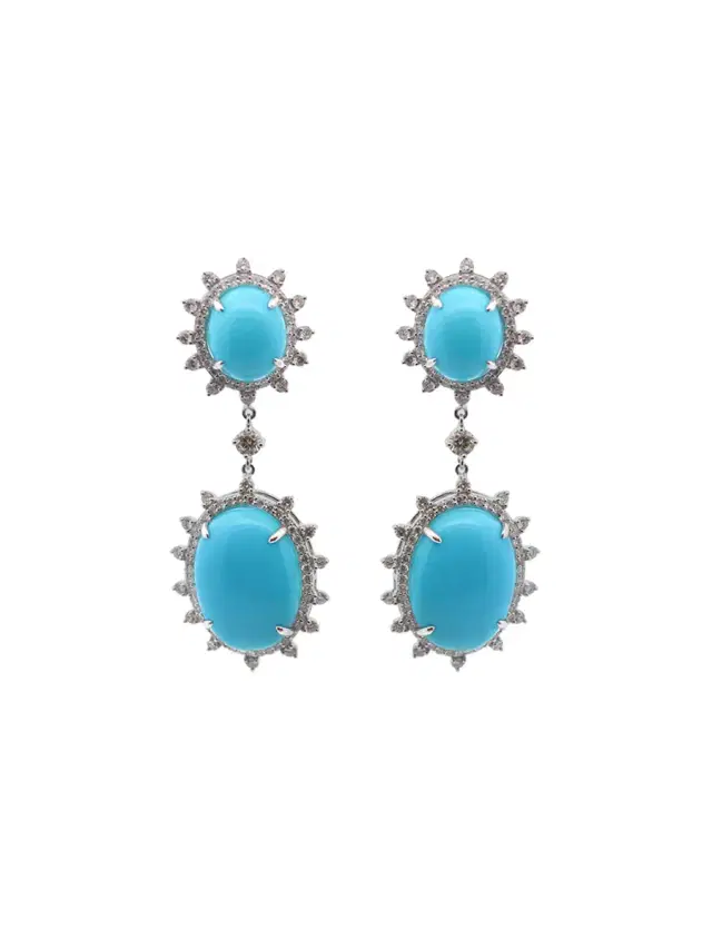 24.57ct Diamond Turquoise 18K Gold Sunburst Dangle Drop Earrings
