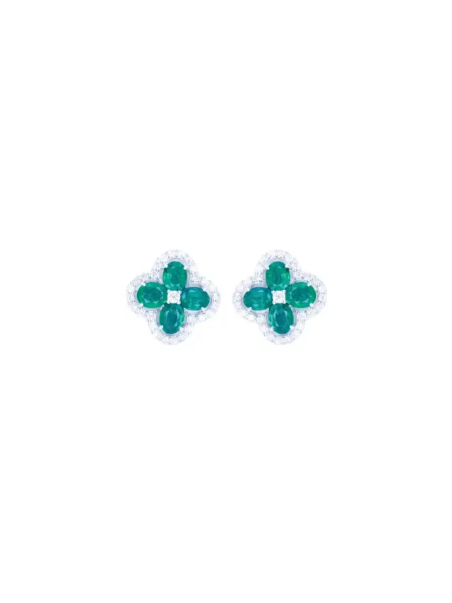 Wish Fine Jewelry 3.11ct Diamond Emerald 18K Gold Flower Earrings