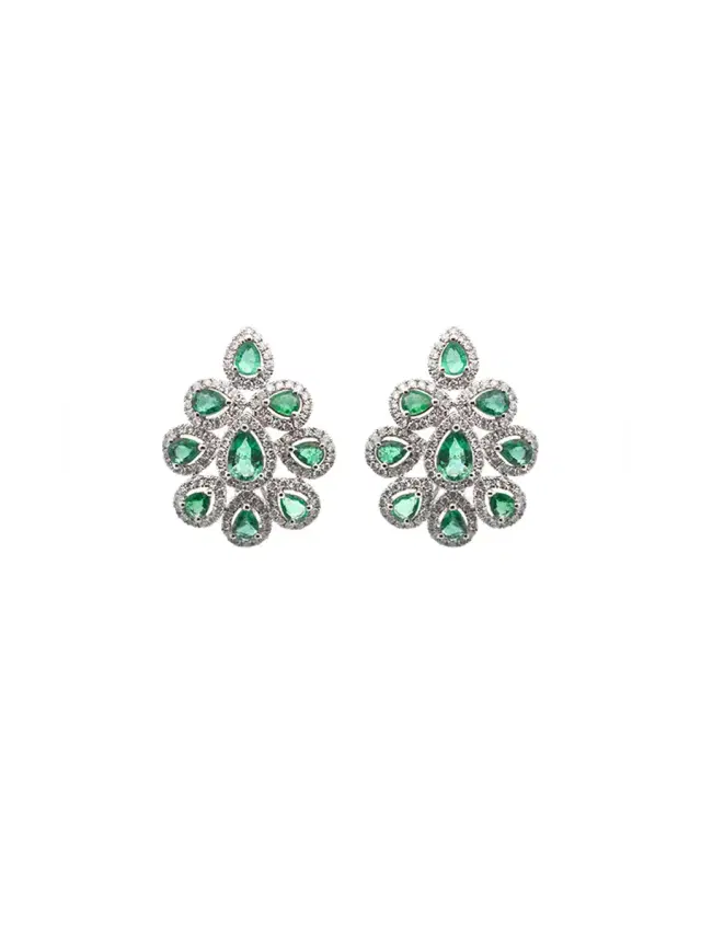 3.90ct Diamond Emerald 18K Gold Pear Cluster Earrings