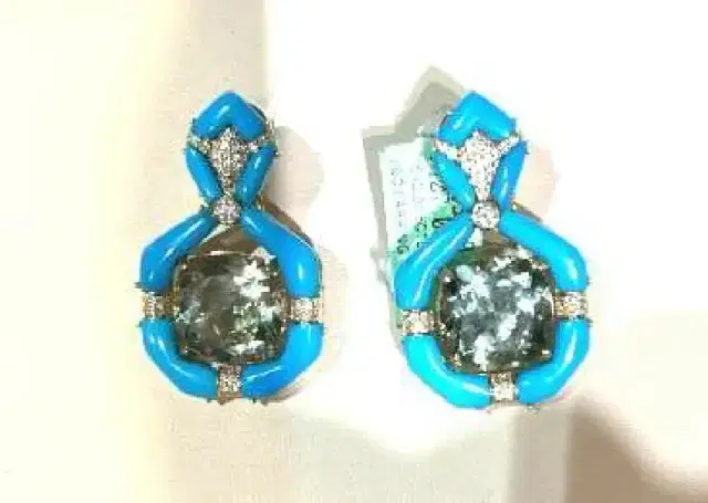 32.25ct Diamond Turquoise 18K Gold Earrings