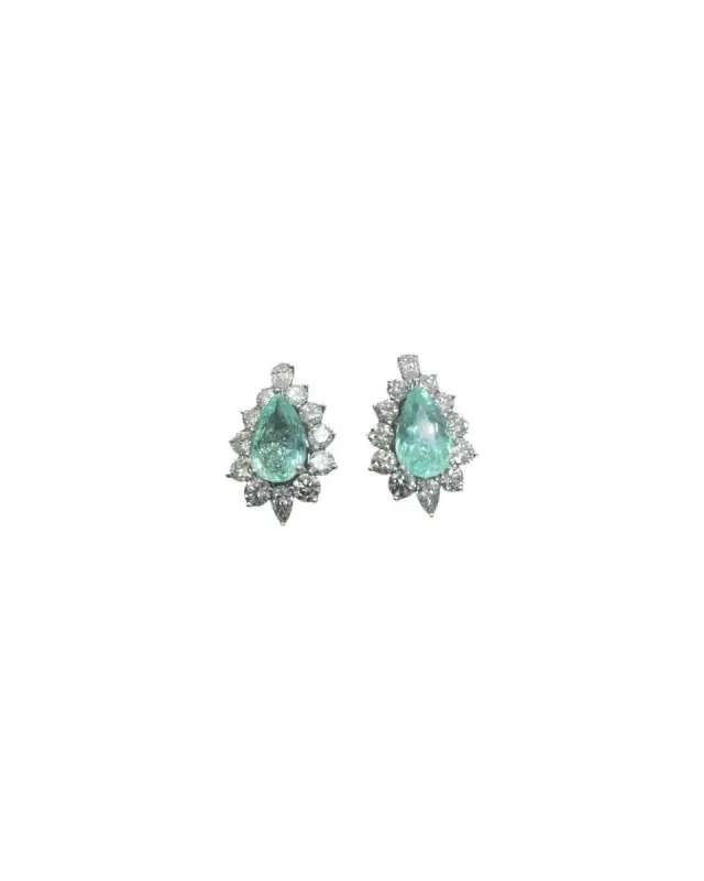 4.23ct Tourmaline Paraiba Diamond 18K Gold Pear Halo Stud Earrings