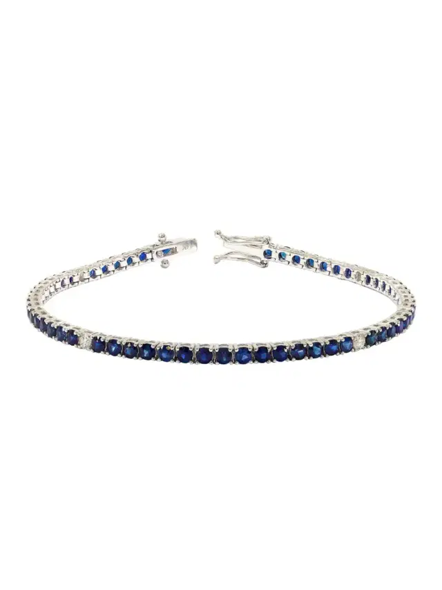 Wish Fine Jewelry 5.25ct Blue Sapphire Diamond 18K Gold Tennis Bracelet