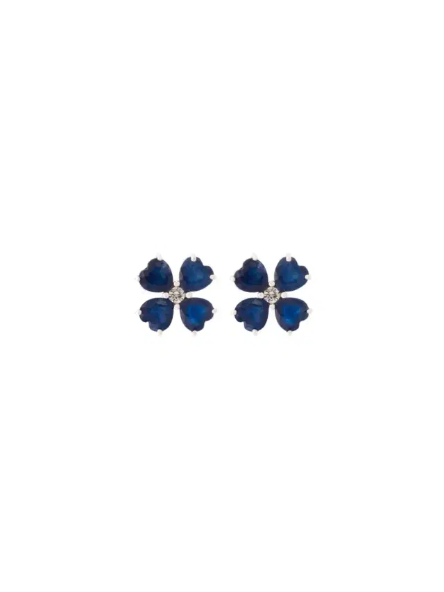 Wish Fine Jewelry 5.69ct Blue Sapphire 18K Gold Heart Cut Clover Stud Earrings