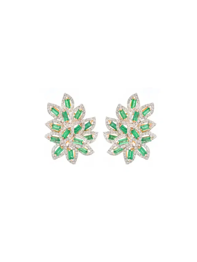 5.84ct Diamond Emerald 14K Gold Statement Cluster Earrings