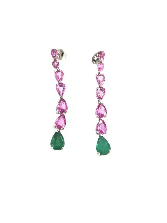 Wish Fine Jewelry 6.64ct Pink Sapphire Emerald 18K Gold Drop Earrings