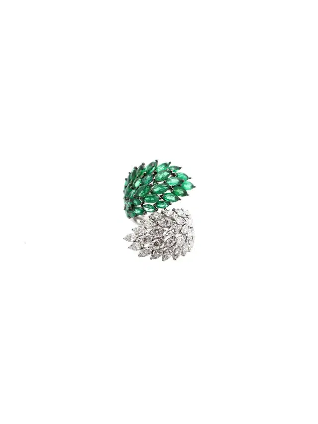 Wish Fine Jewelry 6.70ct Diamond Emerald 18K Gold Cluster Leaf Bypass Ring