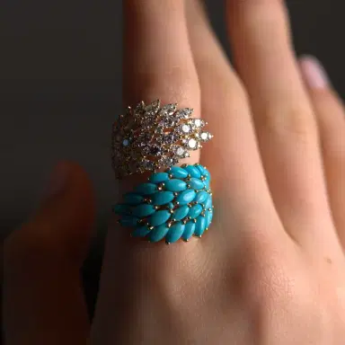 Wish Fine Jewelry 7.00ct Diamond Turquoise 18K Gold Cluster Leaf Bypass Ring | Thumbnail 2 Wish Fine Jewelry 7.00ct Diamond Turquoise 18K Gold Cluster Leaf Bypass Ring | Thumbnail 2