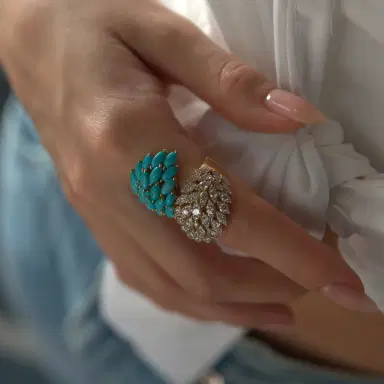 Wish Fine Jewelry 7.00ct Diamond Turquoise 18K Gold Cluster Leaf Bypass Ring | Thumbnail 3 Wish Fine Jewelry 7.00ct Diamond Turquoise 18K Gold Cluster Leaf Bypass Ring | Thumbnail 3