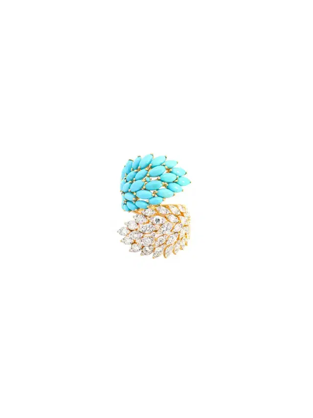 Wish Fine Jewelry 7.00ct Diamond Turquoise 18K Gold Cluster Leaf Bypass Ring