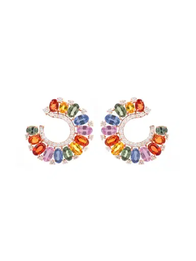 Wish Fine Jewelry 8.04ct Diamond Multi Sapphire 18K Gold Curved Earrings | Thumbnail 1