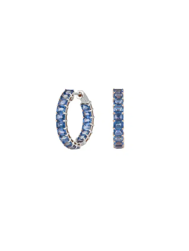 Wish Fine Jewelry 9.01ct Blue Sapphire 18K Gold Emerald Cut Hoop Earrings