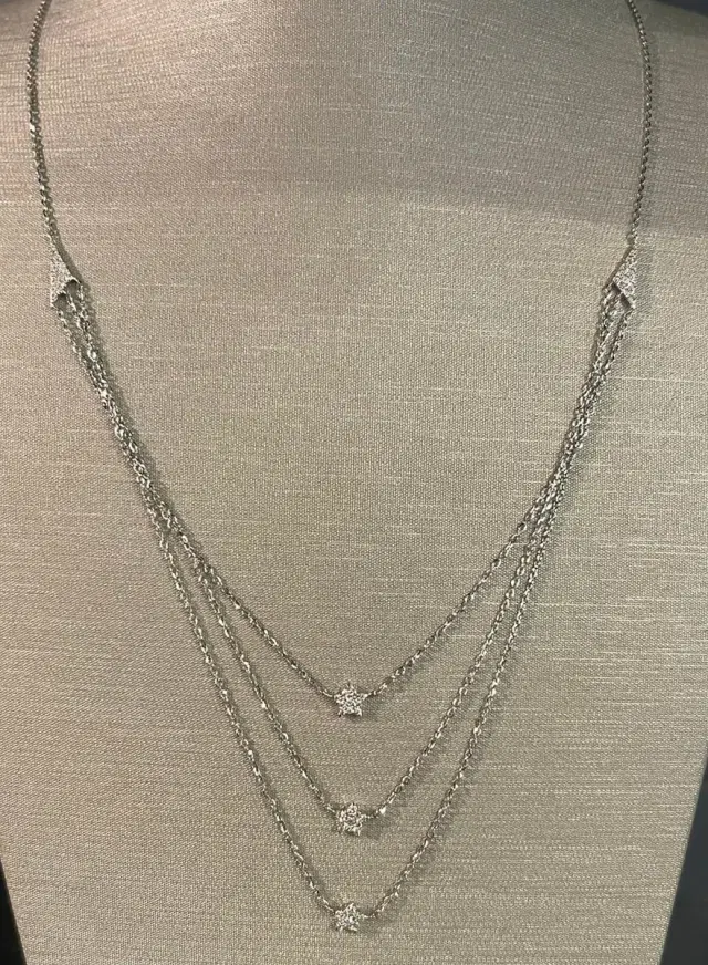 Three Pave Diamond Star Triple Necklace White Gold