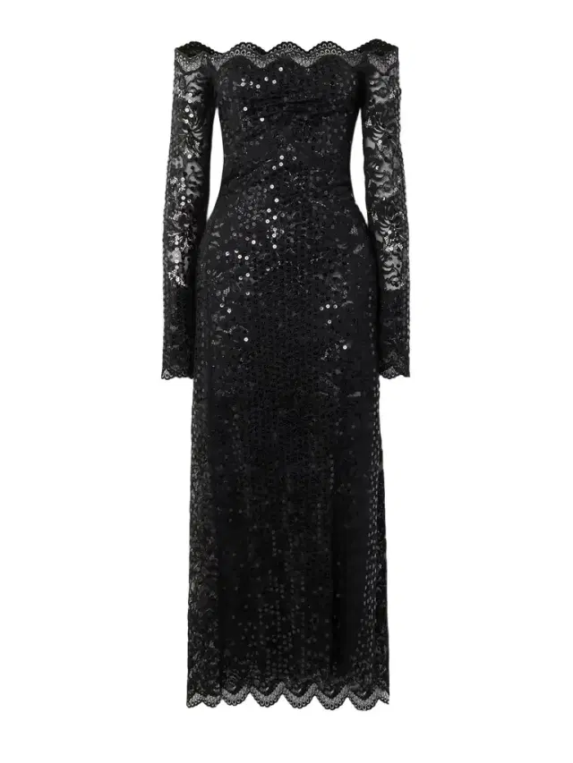 Off-the-shoulder Sequined Stretch-lace Maxi Dress
