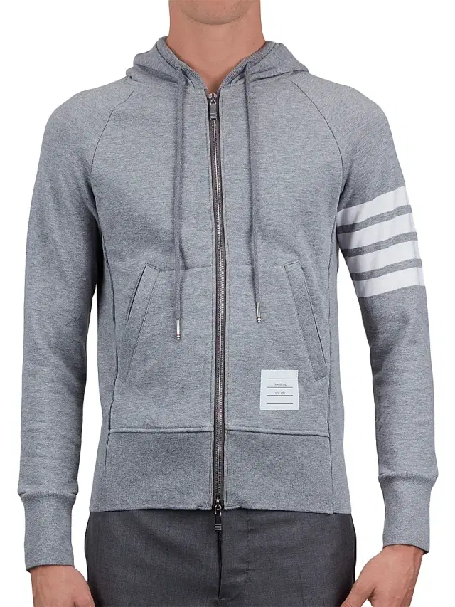 Thom Browne Zip-Up Bar Striped Hoodie - Light Grey