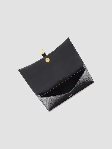 Balenciaga Women's Hourglass Flat Pouch with Flap Crocodile Embossed - Black | Thumbnail 4 Balenciaga Women's Hourglass Flat Pouch with Flap Crocodile Embossed - Black | Thumbnail 4