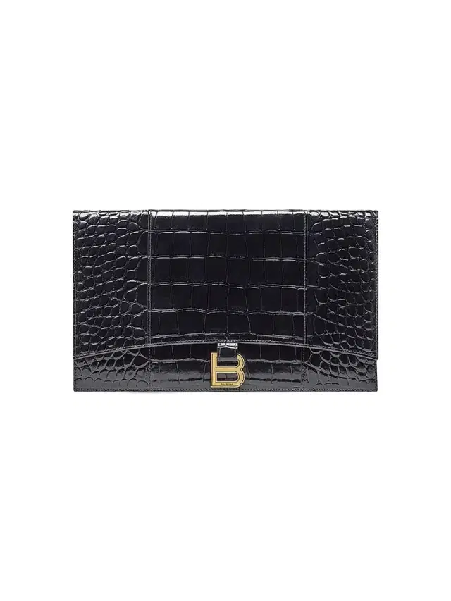 Women's Hourglass Flat Pouch with Flap Crocodile Embossed - Black