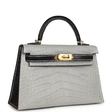 HERMÈS Hermes Special Order (HSS) Kelly Sellier 20 Gris Perle/Black Matte Alligator Mississippiensis Gold Hardware | Thumbnail 2