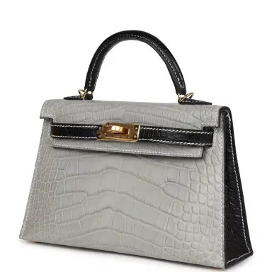 HERMÈS Hermes Special Order (HSS) Kelly Sellier 20 Gris Perle/Black Matte Alligator Mississippiensis Gold Hardware | Thumbnail 3