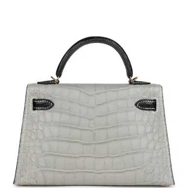 HERMÈS Hermes Special Order (HSS) Kelly Sellier 20 Gris Perle/Black Matte Alligator Mississippiensis Gold Hardware | Thumbnail 5