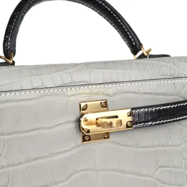 HERMÈS Hermes Special Order (HSS) Kelly Sellier 20 Gris Perle/Black Matte Alligator Mississippiensis Gold Hardware | Thumbnail 7