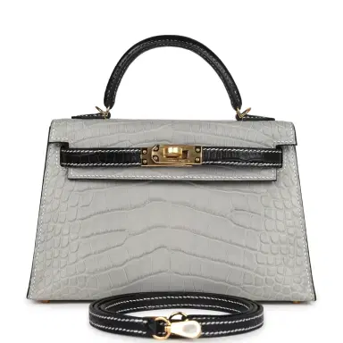 HERMÈS Hermes Special Order (HSS) Kelly Sellier 20 Gris Perle/Black Matte Alligator Mississippiensis Gold Hardware | Thumbnail 1