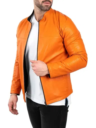 Maceoo Men's Leather Reverse Jacket - Orange | Thumbnail 5 Maceoo Men's Leather Reverse Jacket - Orange | Thumbnail 5