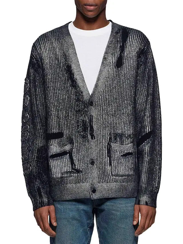 Men's Metallic Foil Cardigan - Black