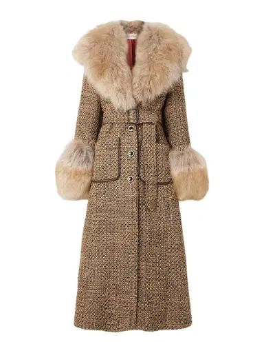 Valentino Garavani Faux Fur-trimmed Belted Wool-blend Tweed Coat | Thumbnail 1 Valentino Garavani Faux Fur-trimmed Belted Wool-blend Tweed Coat | Thumbnail 1
