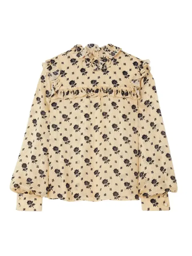 Ruffled Printed Striped Silk-jacquard Blouse