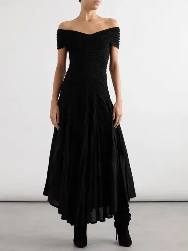 Alaïa Off-the-shoulder Asymmetric Ribbed Wool Midi Dress | Thumbnail 2 Alaïa Off-the-shoulder Asymmetric Ribbed Wool Midi Dress | Thumbnail 2