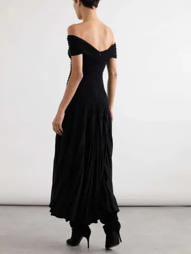 Alaïa Off-the-shoulder Asymmetric Ribbed Wool Midi Dress | Thumbnail 3 Alaïa Off-the-shoulder Asymmetric Ribbed Wool Midi Dress | Thumbnail 3