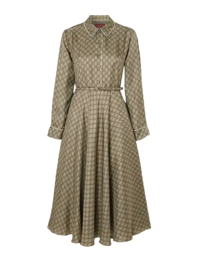 Belted Piped Printed Silk-twill Midi Shirt Dress
