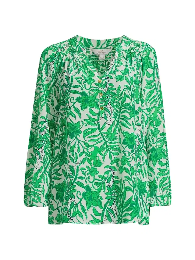 Women's Elsa Leafy Silk Top - Fiddle Leaf Green