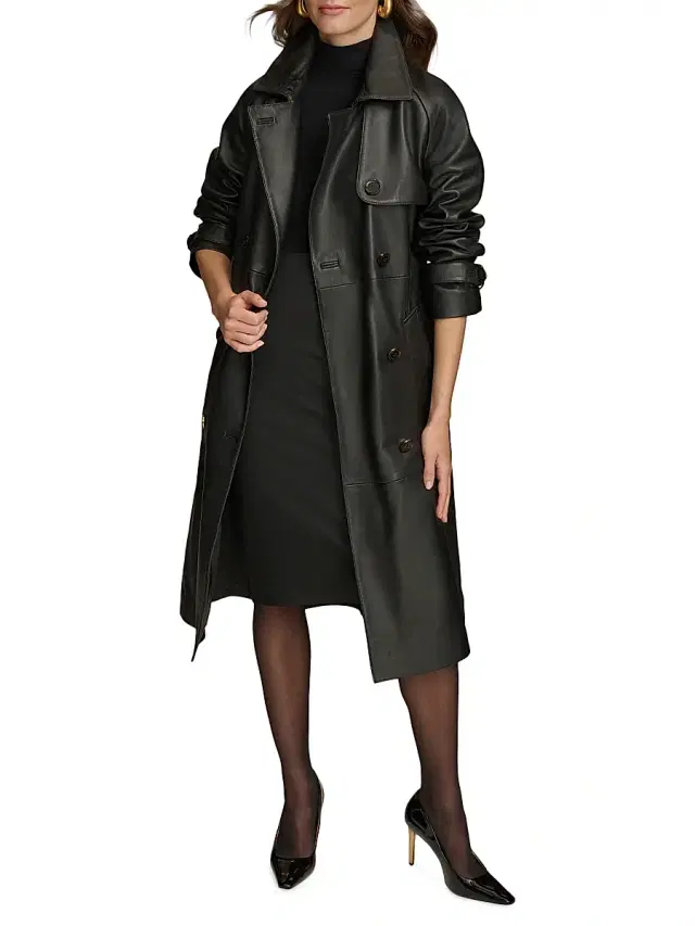 Donna Karan New York Women's Leather Belted Double-Breasted Trench Coat - Black