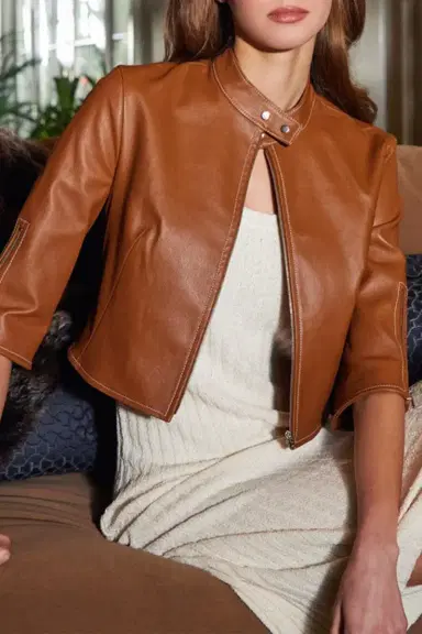 SUSAN BENDER Cropped Tab Collar Biker Jacket | Thumbnail 2