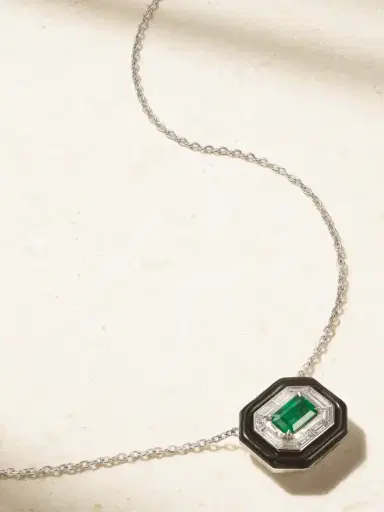 Nikos Koulis Oui 18-karat White Gold, Emerald, Diamond And Enamel Necklace | Thumbnail 1