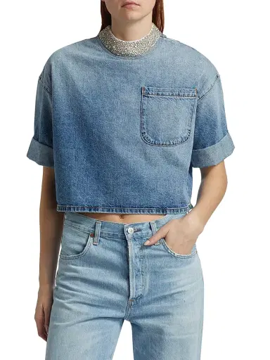 TWP Women's Ex T Embellished Denim Crop T-Shirt - Vintage Wash - Size XS | Thumbnail 3