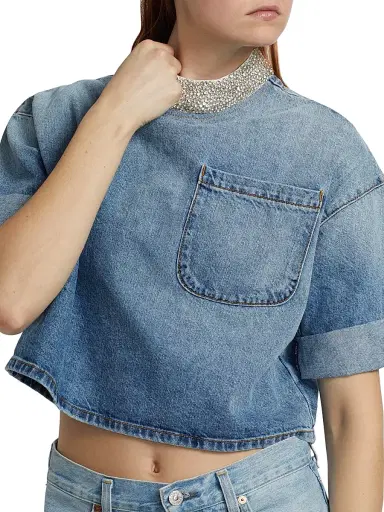 TWP Women's Ex T Embellished Denim Crop T-Shirt - Vintage Wash - Size XS | Thumbnail 6