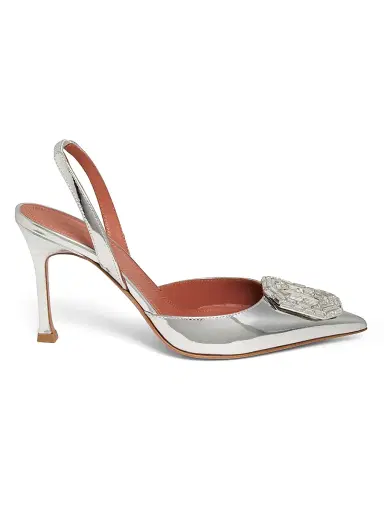 Amina Muaddi Women's Camelia 90MM Laminated Metallic Leather Slingback Pumps - Mirror Silver | Thumbnail 1 Amina Muaddi Women's Camelia 90MM Laminated Metallic Leather Slingback Pumps - Mirror Silver | Thumbnail 1