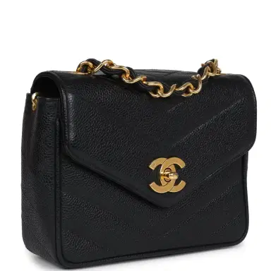 Chanel Vintage Chanel Square Chevron Envelope Flap Bag Black Caviar Gold Hardware | Thumbnail 2