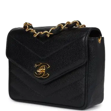 Chanel Vintage Chanel Square Chevron Envelope Flap Bag Black Caviar Gold Hardware | Thumbnail 3