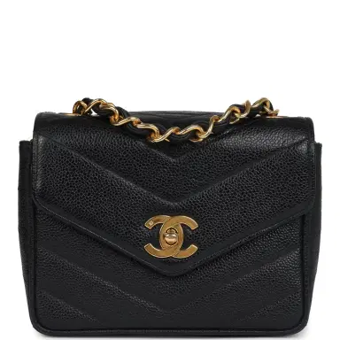Chanel Vintage Chanel Square Chevron Envelope Flap Bag Black Caviar Gold Hardware | Thumbnail 1